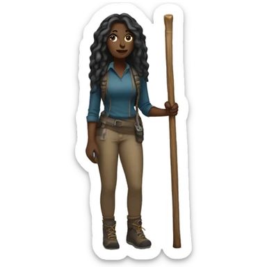 Dark Woman long hair  hiking full body with hiking sticks  sticker