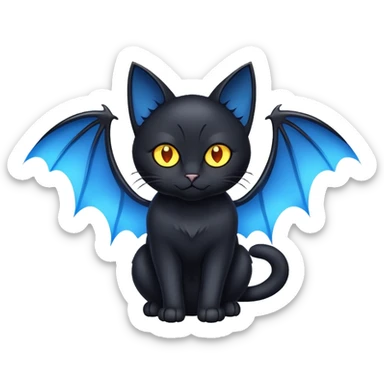 black cat with blue bat wings and glowing yellow eyes sticker