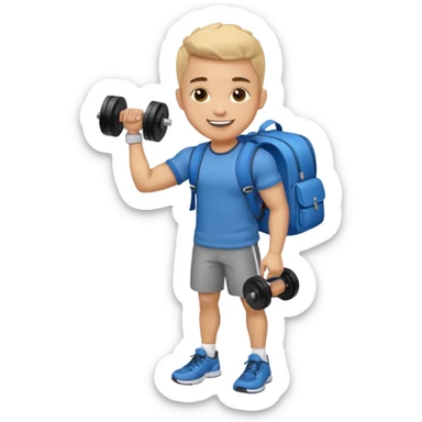 light skin student with school bag on back and dumbell in hand sticker