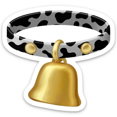 plain gold grater cowbell on a collar with black and white cow pattern sticker