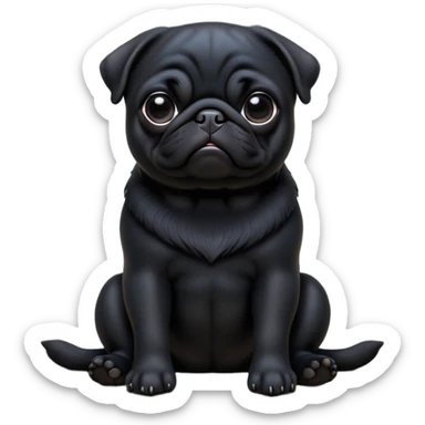 cinematic-[black pug]-realistic-full-body-sitting-emoji,-tail-resting-loosely-beside-its-paws,-head-tilted-dramatically, -sleek-[black]-fur,-simplified-yet-realistic-focused-features,-highly-detailed,-glowing-with-an-almost-sarcastic-glow sticker