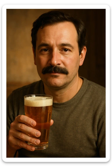 A man with a mustache holding a glass of beer sticker