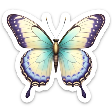 Beautiful and Majestic Butterfly Portrait Emoji, Head and body rendered in serene repose with a gentle, content smile, showcasing a delicately patterned form with softly shimmering wings and eyes peacefully closed in tranquil repose, Simplified yet exquisitely endearing features, highly detailed, glowing with a soft, drowsy pastel light, high shine, relaxed and utterly noble, stylized with an air of timeless natural beauty, soft glowing outline, capturing the essence of a majestic butterfly that embodies the pure enchantment of nature! sticker