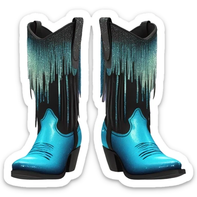 Realistic neon blue to black ombre pair of fashion cowgirl boots with sparkly shiny glitter fringe on them. sticker