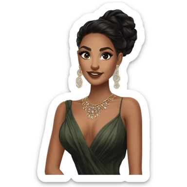 Glamorous, cocktail dress, black balayage hair, long wavy hair, olive skin, brown almond eyes, winged eyeliner with big lashes, wearing hooped earrings, rings and bracelets  sticker