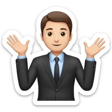 Sticker of a man in a business suit, front view, both arms extended straight in front of his body at chest level, elbows slightly bent, palms facing inward as if holding an invisible box, friendly expression, clean cartoon style, bold outlines, minimal background, emoji sticker style sticker