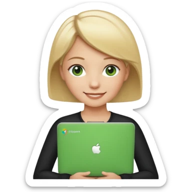 short blonde hair teacher green eyes woman happy holding chromebook sticker