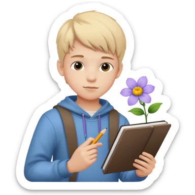Teen boy drawing boy with flower character in notebook sticker