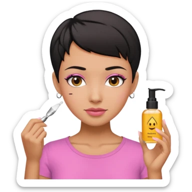 tan girl pink shirt with black hair & a pixie, cut no earrings, doing skin care sticker