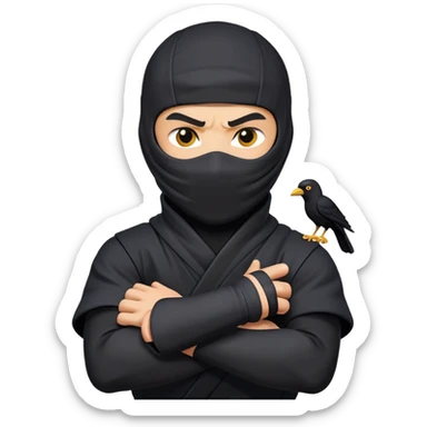 clash-of-clans-aesthetic_-cinematic-mysterious-male-ninja-portrait-emoji, rendered in a flat, vector-style with minimal shading and bold, simplified shapes, his arm is stretched out  with a head slightly turned revealing intense, focused eyes. the ninja has his arm out and perched on top of his forearm is  a black crow sticker
