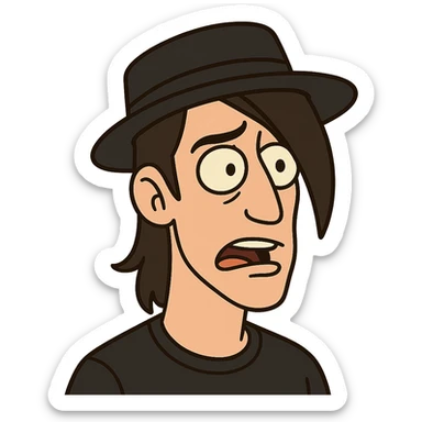 male face with a black hat and long side bangs, cartoon style sticker