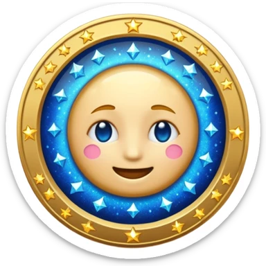 classic emoji style coin with blue magical sparkles sticker