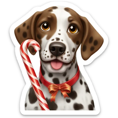 A brown Dalmatian holds a caramel Christmas candy cane in his mouth sticker