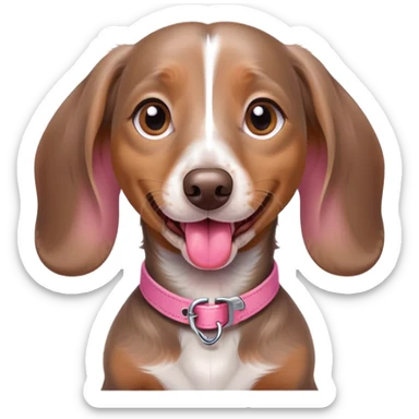a brown grey and white dapple mini dachshund with her tongue out and a pink collar sticker