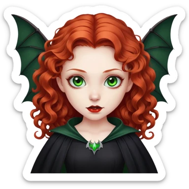 vampire girl with long curly red hair and green eyes, in a black with bat wings sticker