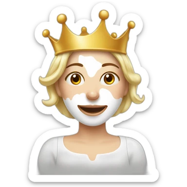 Woman with milk spilled on her face with satisfactory expression and crown sticker