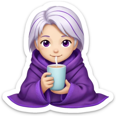 Chibi Sable Ward wrapped in a blanket, holding a warm drink, cozy expression, white hair with purple streaks, fully purple eyes, content smile sticker