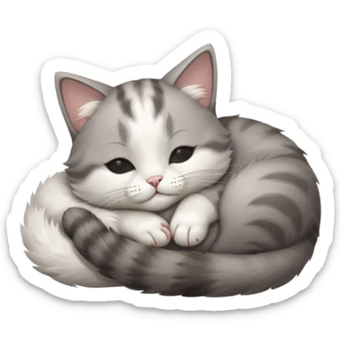 grey and white small cat with eyes closed lying down upside down with its head resting on its paw sticker
