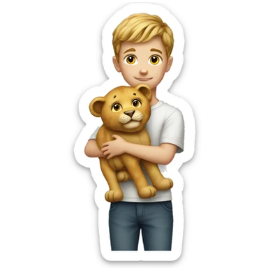 a 7 years old white boy holding a stuffed lion toy sticker
