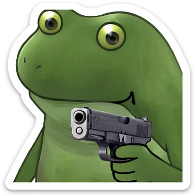 ￼ a frog holding a handgun ￼ sticker