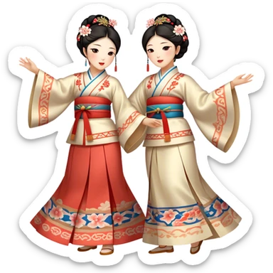 Cinematic Realistic scene of two performers engaging in Ganggangsullae, dressed in traditional Korean costumes with intricate patterns and graceful movements, illuminated by soft, festive lighting that accentuates the cultural ambiance sticker
