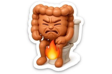 SU QUESTO STILE FAI UN EMOJI STILE IPHONE 3D DI UN INTESTINO CHE sta seduto sul wc e dal wc in mezzo alle sue gambe esce una fiamma stile emoji iphone, FAGLI UN ESPRESSIONE di dolore mentre si sforza E FALLO MOLTO REALISTICO IN 3D sticker