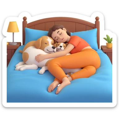person sleeping and cuddling with a dog on a bed, cozy and peaceful, generic appearance sticker