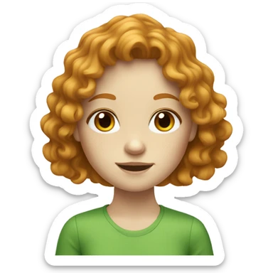 a pale ginger girl with freckles wearing green and has wavy hair and wavy bangs sticker