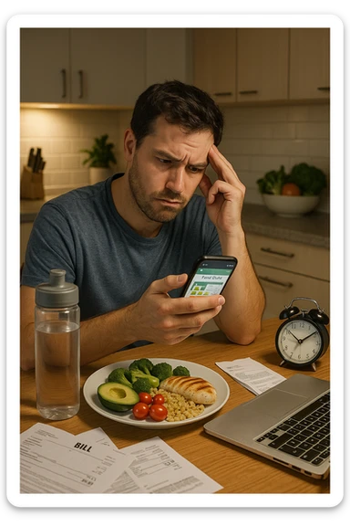  a man sits at his kitchen table, reviewing a food diary or nutrition app on his phone, with a perplexed look. Around him are healthy meal ingredients and a water bottle, but also subtle hints of stress (bills, work laptop) and lack of sleep (alarm clock showing late hour). The mood is thoughtful, highlighting the hidden factors behind weight. sticker