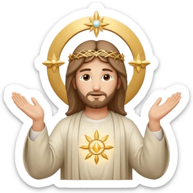 Christ Guardian of Mind, serene radiant figure with gentle halo, hands raised in gesture of protection, surrounded by soft light and subtle symbols of wisdom, iOS emoji style sticker