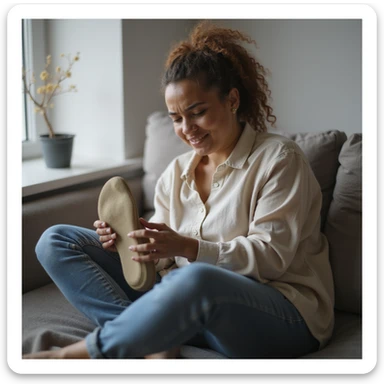 realistic 4K woman sitting on sofa wearing orthotic insole and relaxing, then holding foot with discomforted expression sticker