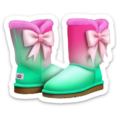 Realistic pair of hot pink to mint green ombre fur Ugg boots with silk ribbon bows. sticker