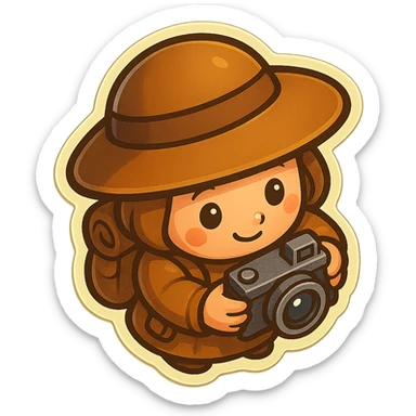 A small, funny medieval pilgrim with a camera, seen from above, in retro stickers style, with a transparent background. sticker