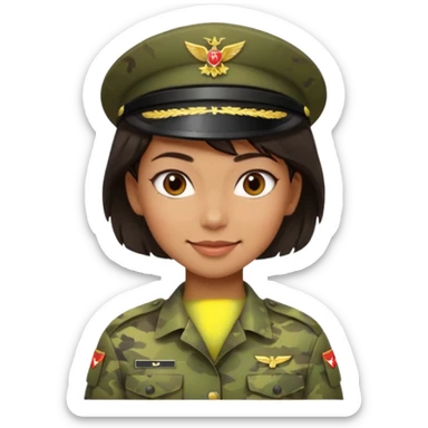 Female soldier emoji in Apple style, no cap/helmet, bust portrait, gentle smile, generic camo, hair visible, soft gradients sticker