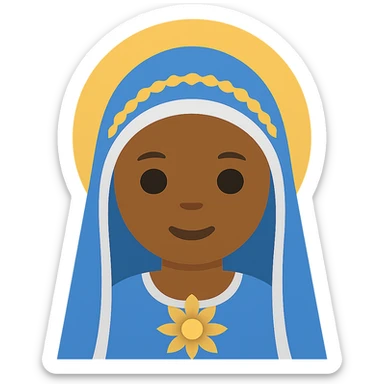 Edit the image of Virgin Mary to have tanned skin with simplified emoji traits, a round face, minimal details, large eyes, and a small mouth. Remove the background. The style should resemble a simplified emoji look with minimal details and a clean appearance. sticker