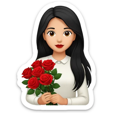 A girl with long black hair holding a bouquet of roses sticker