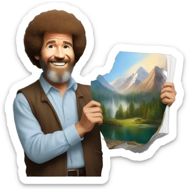 bob ross holding his finished art work sticker