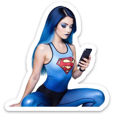 Shameful-head tilted-texting on phone-very very very large upper body-sexy face-bending forward at waist-very long very straight dark blue to light blue ombre hair-and-blue eyes-thick black eyeliner-thick long eyelashes-iridescent blue lowcut tanktop with black leggings with glitter superman logo sticker