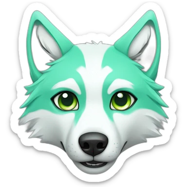 light green turquoise and white wolf with green eyes and one eye is grey and dead sticker
