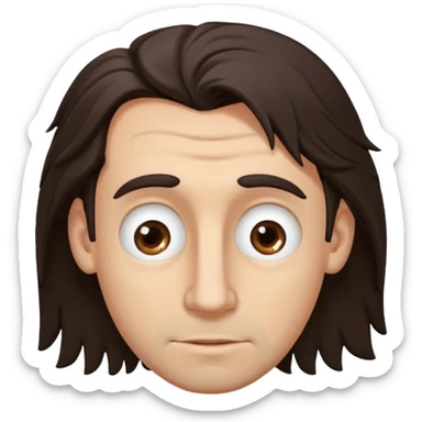 Handsome white man with big brown eyes long nose and dark brown messy hair cover his forhead and hair coming in eyes oval facecut sticker