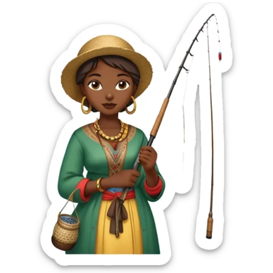 African woman fishing in the river, traditional clothing, holding fishing rod sticker