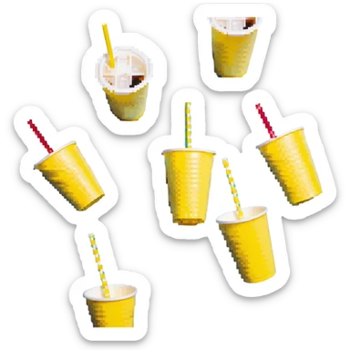 napkins, soda straws, yellow disposable cup sticker