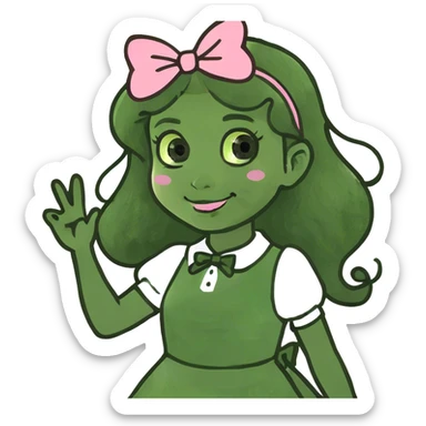 brown girl with brown curly long hair and bows in her hair, wearing pink and waving hello sticker