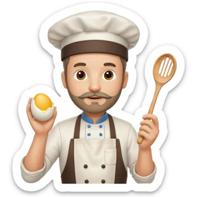 Middle aged male pastry chef - with a small beard, apron, white hat, holding an egg beater in his right hand, and his left hand naturally hanging down to his side sticker