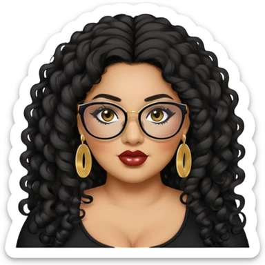 big plus size, latina, darker tan skin, long black curly hair, baddie,pretty, makeup, lipgloss, black eyeliner, long hair, small gold earrings, black top, black glasses sticker