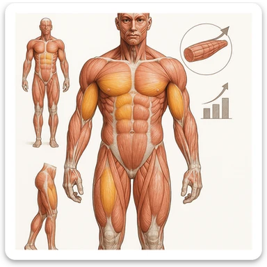 hyper realistic image of human body with large and small muscles highlighted, diagrams and muscle growth symbols, short text 'common physiological response', anatomical details, educational atmosphere, white background sticker