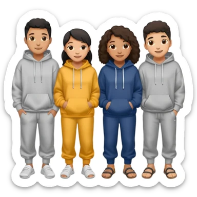 four mixed race friends all wearing oversized hoodies, sweatpants, and slides huddled together  sticker