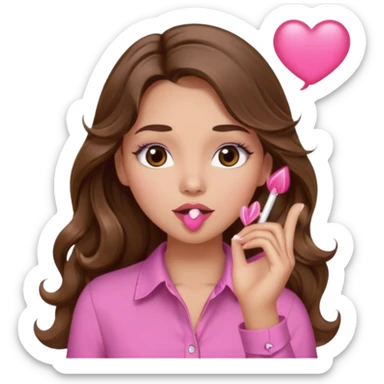 girl with long wavy brown hair, brown eyes, light to medium complexion, in a pink shirt, pink lips, long lashes, blowing a kiss sticker