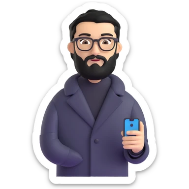professional man standing upright, wearing black coat, with medium black beard, neat black hair, connected unibrow, olive tan skin, brown eyes, glasses, prominent nose, holding a smartphone sticker