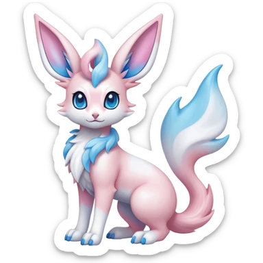 Feral Rare Fantasy cute realistic adorable pastel pink light-blue white iridescent Sylveon-Vernid-Sergal-hybrid by LiLaiRa, markings, tufted ears, full body sticker